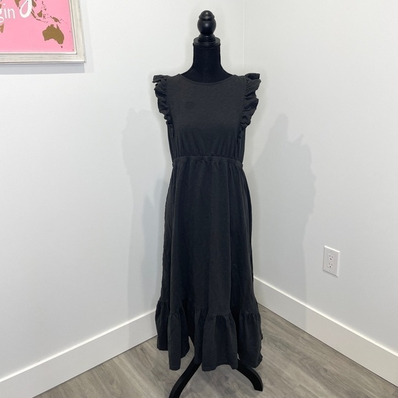 Ba&sh Voyce Midi Dress Carbon Gray Low Back Ruffles Elastic Waist - Picture 2 of 10